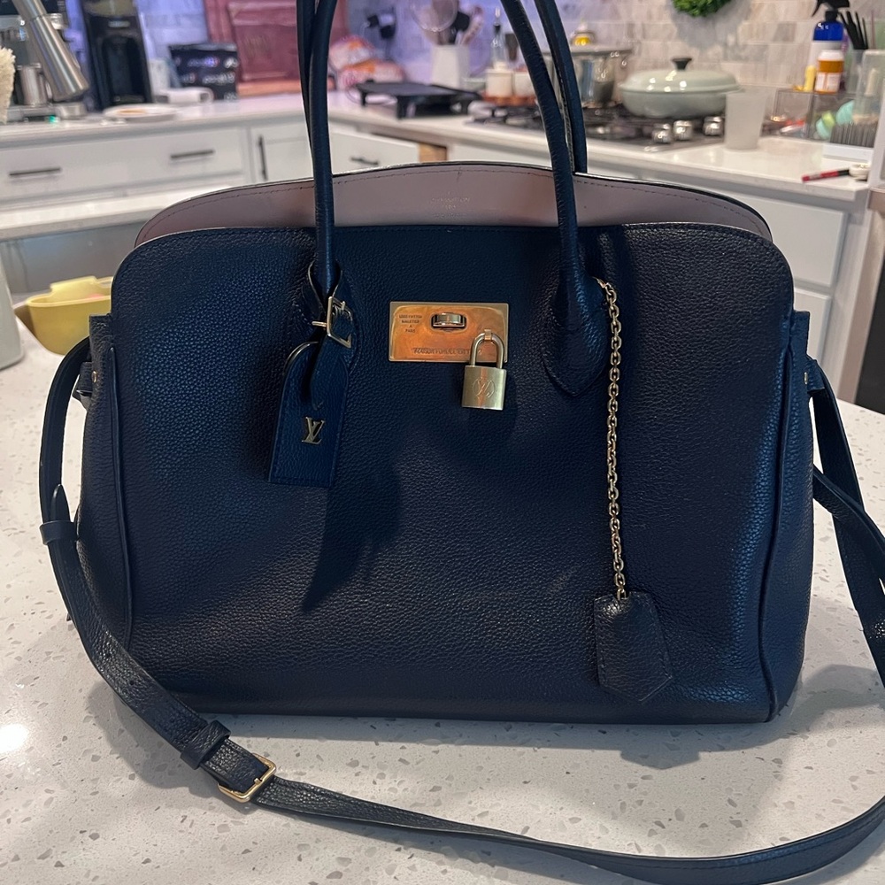 Louis Vuitton Navy Blue Leather Satchel with Gold Lock Hardware. Milla MM